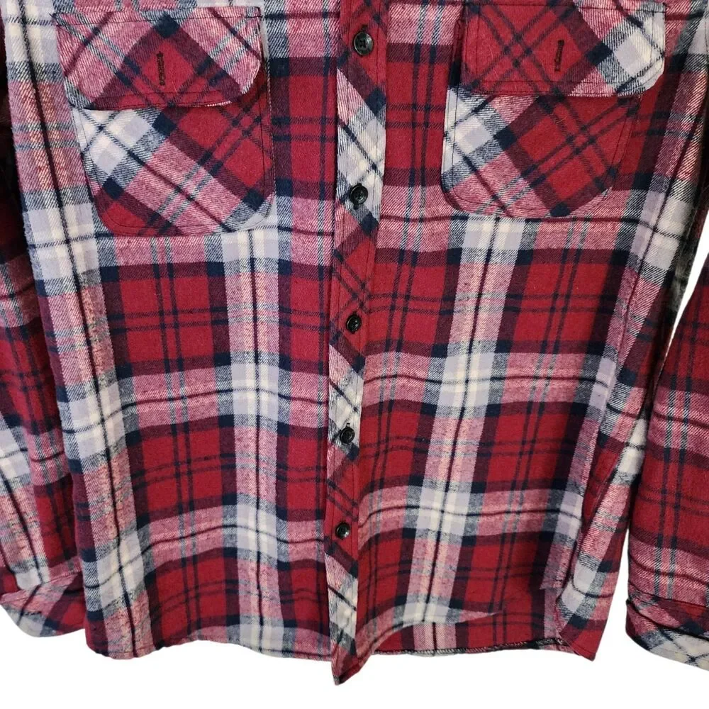 Free Planet Flannel Shirt Jacket with Hood Red Plaid 100% Cotton Mens Size Large